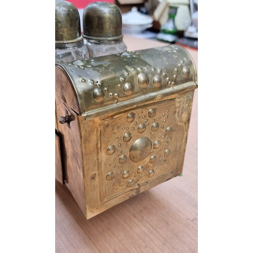 760 - A elaborate c1920s Turkish brass and mother of pearl inlay shoe shine kit with secret compartments a... 