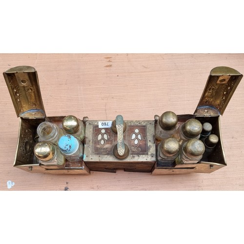 760 - A elaborate c1920s Turkish brass and mother of pearl inlay shoe shine kit with secret compartments a... 