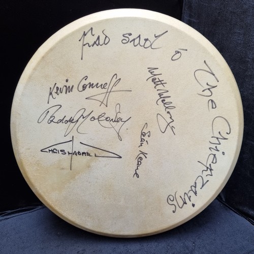 465 - Star Lot : A large high quality bodhrán from Waltons Stores. Featuring five autographed signatures f... 