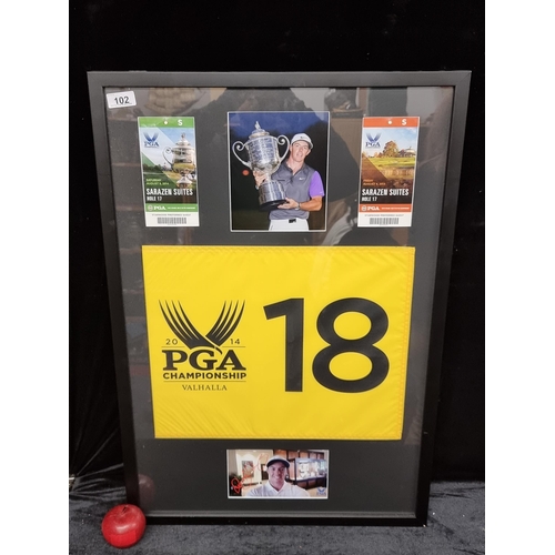 102 - Star Lot : Framed ephemera for the PGA Championships 2014 including a flag for the 18th hole, the pa... 