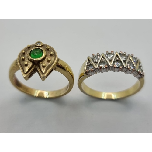 12 - Two sterling silver gilt rings. The first with tourmaline stone settings, size T, weight 4.7g. Toget... 