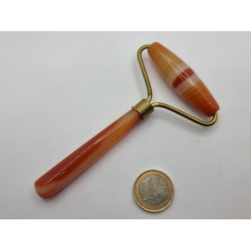 13 - A rare antique Chinese massage roller made of agate stone. Stones cold to touch. Length 12cm, roller... 