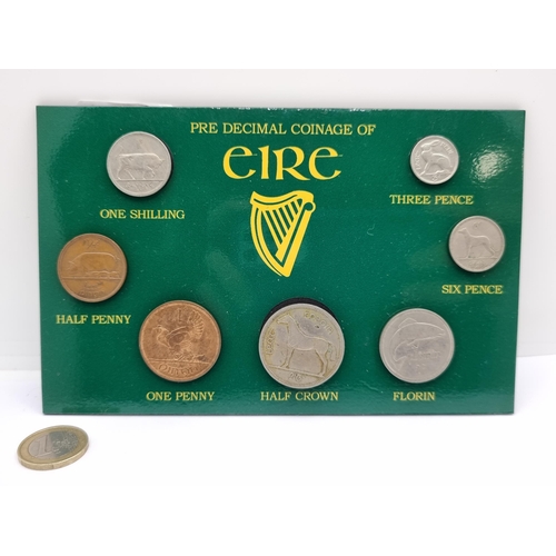 19 - A collection of seven pre-decimal Irish coinage on display panel.