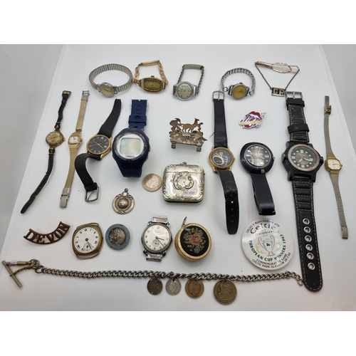 43 - An assorted collection of items, consisting of fourteen watches, a vesta case and a coin fob chain. ... 
