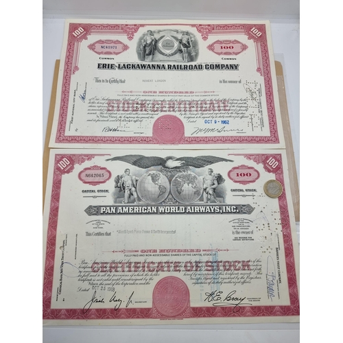 51 - Two 100 shares certificates. The first for the Erie-Lackawanna Railroad Company, dated October 9th, ... 