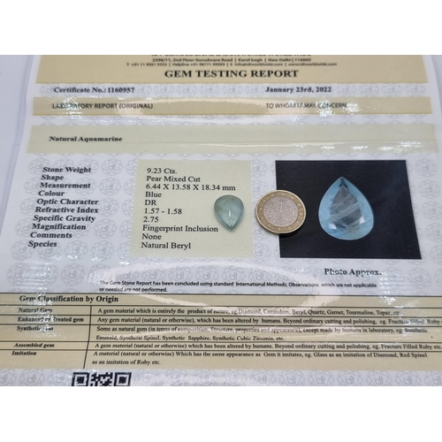 58 - A very attractive pear cut natural aquamarine stone of 9.23 cts. Comes with GLI certificate.