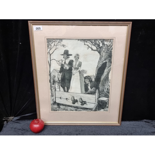 69 - A high quality original vintage print of a scene fromrural Pilgrim America showing a man being punis... 