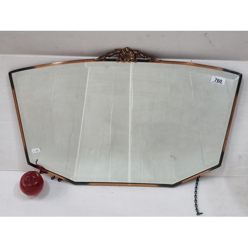 760 - An Art Deco  bevelled wall hanging mirror with copper frame and small ornate detail to top.
DM H42/W... 