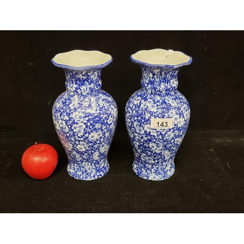 143 - A pair of vintage Blue Flow Victoria Ware ceramic urn shaped vases with flared and scalloped rims. D... 