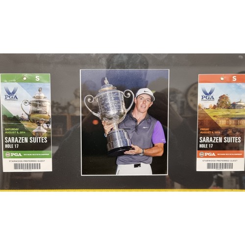 101 - Star lot: Framed ephemera for the PGA Championships 2014 including a flag for the 18th hole, the pas... 