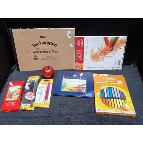 367 - A collection of seven art related items, including a brand new set of 36 soft pastels by Reeves, Fab... 
