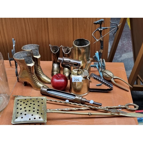 396 - A brilliant collection of antique brassware (14 in total, including an antique optimums blow torch, ... 