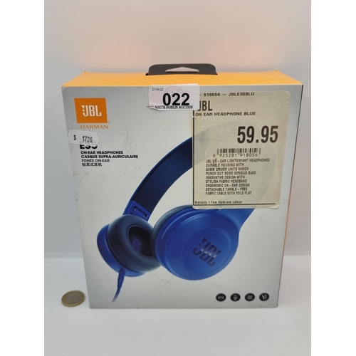 22 - A pair of E35 JBL Harman on ear, lightweight headphones, in blue. In original box. In VGC