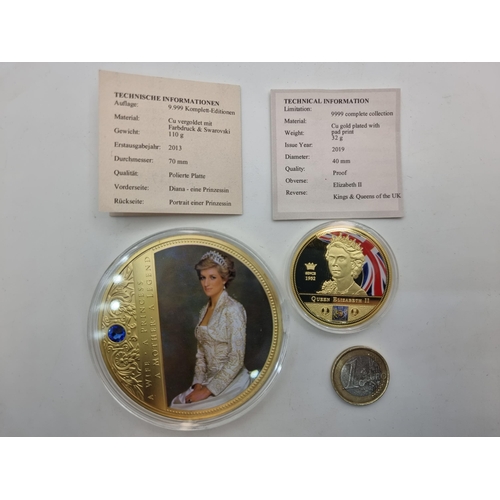 52 - Two items, including a medallion of a portrait of the late Princess Diana. Together with a Queen Eli... 