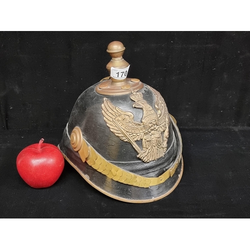 170 - Star Lot : An original antique Prussian military officer pickelhaube helmet inscribed with ''Mit Got... 