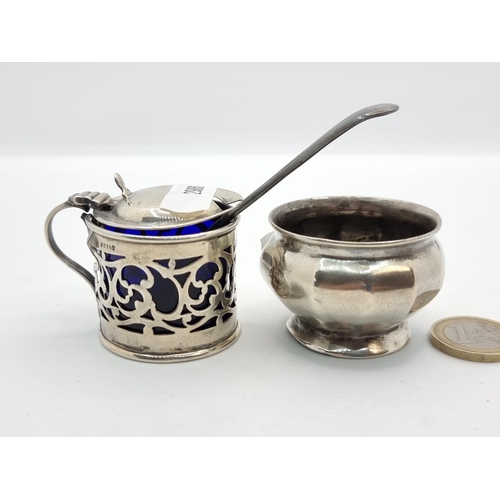 22 - Two sterling silver items, consisting of a mustard pot with Bristol blue liner, hallmarked Birmingha... 