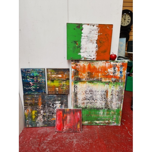 277 - Six original canvasses in various sizes with unusual textural art pieces, some in iconic Irish colou... 
