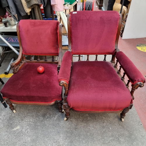 340 - An Edwardian lady and gentleman's set of two mahogany chairs. With rail detail typical of the period... 