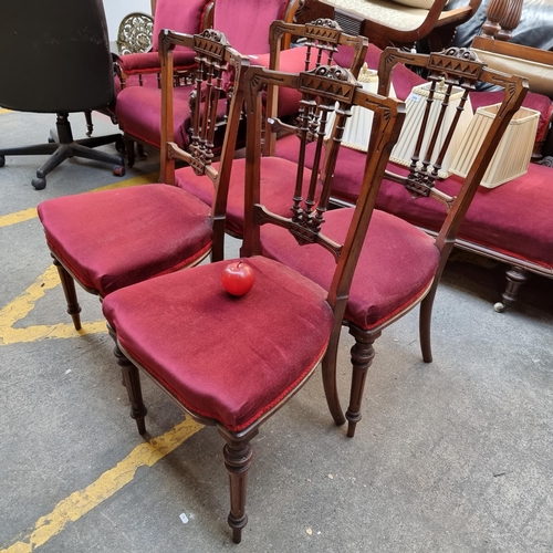 342 - A set of four Edwardian parlour chairs with turned and delicately reeded column front legs. Addition... 