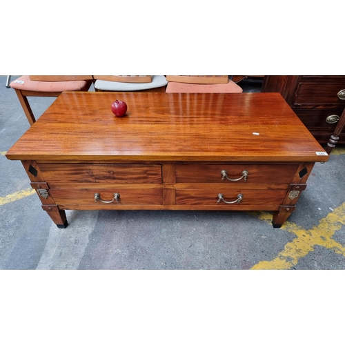 345 - A Fabulous Empire Style wooden coffee table with four drawers to each side and brass drop handles. H... 