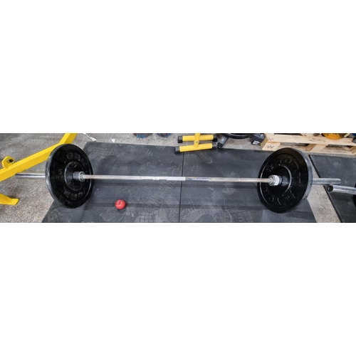 541 - An 18 kgs stainless steel olympic weight bar with a pair of 'YORK' weight plates, 5 kgs each, 10 kgs... 