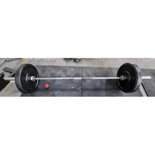 543 - A 17 kgs stainless steel weight Olympic bar with a pair of 'YORK' weights, 15 kgs each, 30 kgs total... 