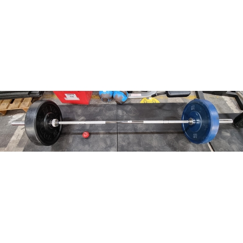 544 - A 17 kgs stainless steel Olympic weight bar with a pair of weights, 20 kgs each, 40 kgs total. 57kgs... 