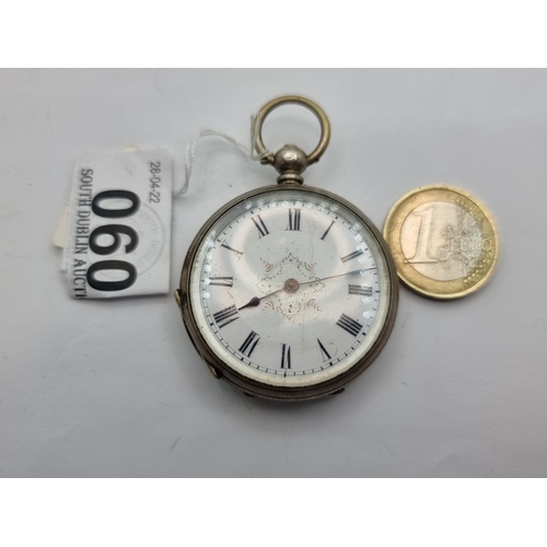 60 - A large open faced  Sterling silver pocket watch with enamelled face and Roman numeral dial. Weight ... 