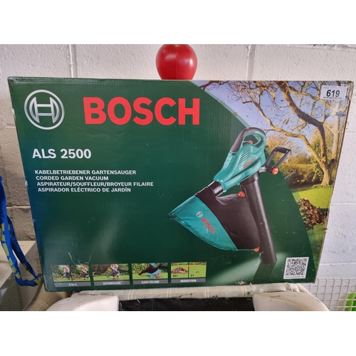 A brand new Bosch ALS 2500 3in1 leaf Blower Vacuum with easy to use design and with suction and red