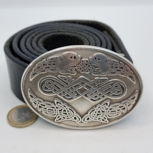 732 - A Lee River Belt Company black genuine leather belt with a celtic knot design silver toned buckle. I... 