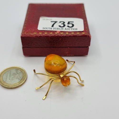 735 - Rare vintage Russian USSR 18ct gold plated Baltic amber beetle brooch pin.