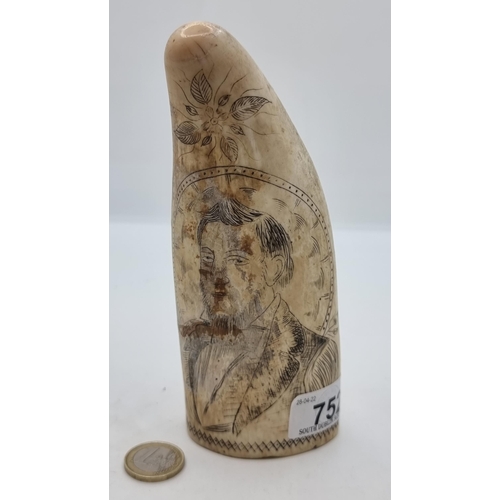 752 - A fabulous original antique carved scrimshaw tooth with carved figure, together with floral leaf des... 