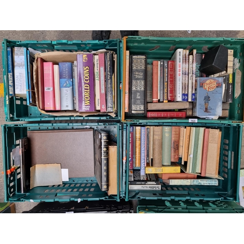 763 - Four crates filled with hardback books of various interest including many vintage and antique editio... 