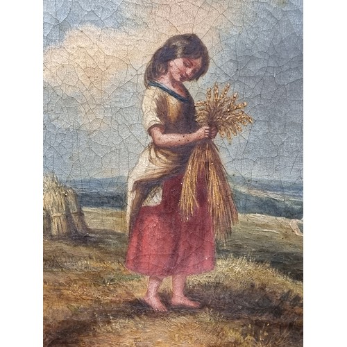 61 - A stunning original antique oil on canvas painting of a young girl working in the fields titled 