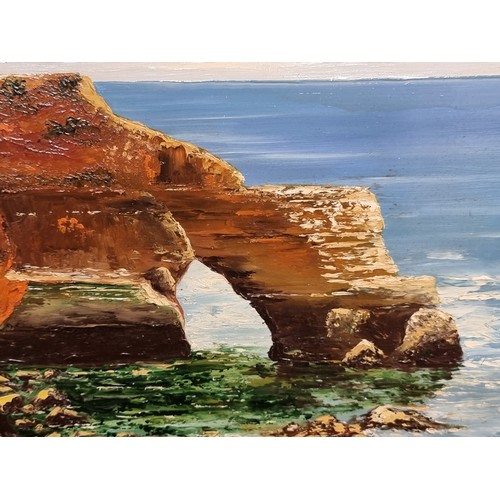 84 - A large original oil on board painting of a shoreline caves and rock formations at sunset with deep ... 