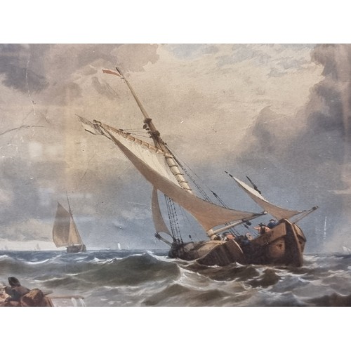 90 - A vintage original watercolour on paper painting of a typically Romantic stormy seawith passengers a... 