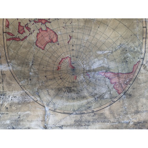 128 - A large very early school map depicting the Western and Eastern hemispheres, and North and South pol... 