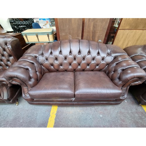 384 - Star Lot : A fantastic three piece furniture suite by Thomas Lloyd in a rich chocolate brown leather... 