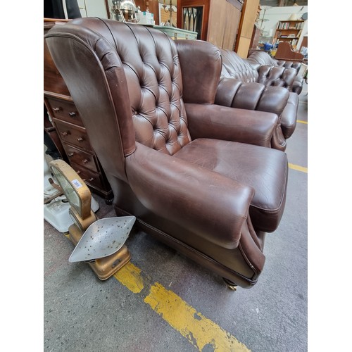 384 - Star Lot : A fantastic three piece furniture suite by Thomas Lloyd in a rich chocolate brown leather... 