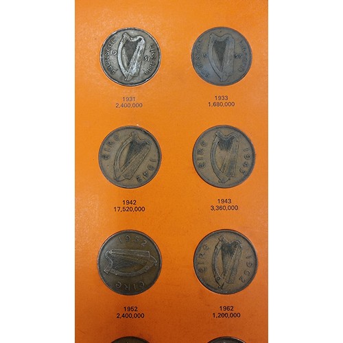 447 - A collection of 22 Irish pennies. Mounted on display panel. Each coin showing year minted, together ... 