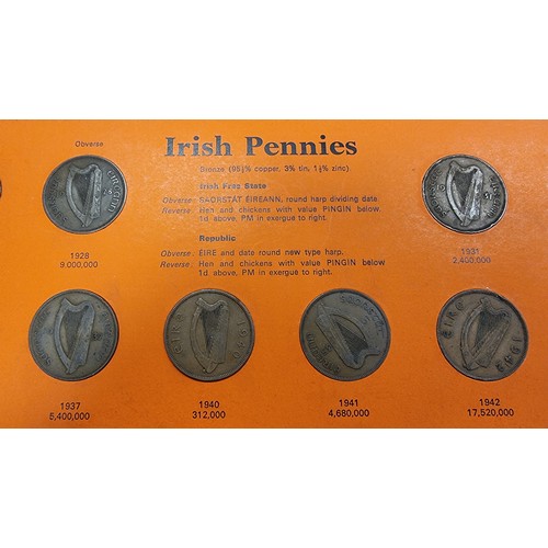 447 - A collection of 22 Irish pennies. Mounted on display panel. Each coin showing year minted, together ... 