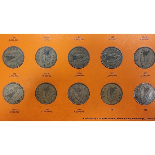 447 - A collection of 22 Irish pennies. Mounted on display panel. Each coin showing year minted, together ... 