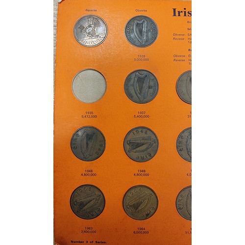 447 - A collection of 22 Irish pennies. Mounted on display panel. Each coin showing year minted, together ... 