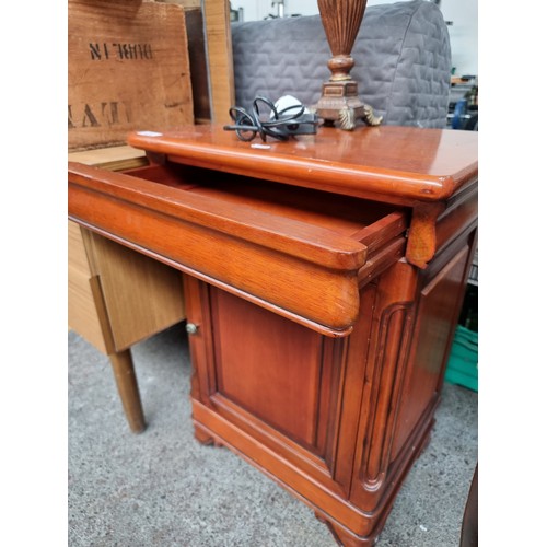 478 - A good sized heavy solid cherry wood bedside locker with drawer over a well proportioned cabinet wit... 