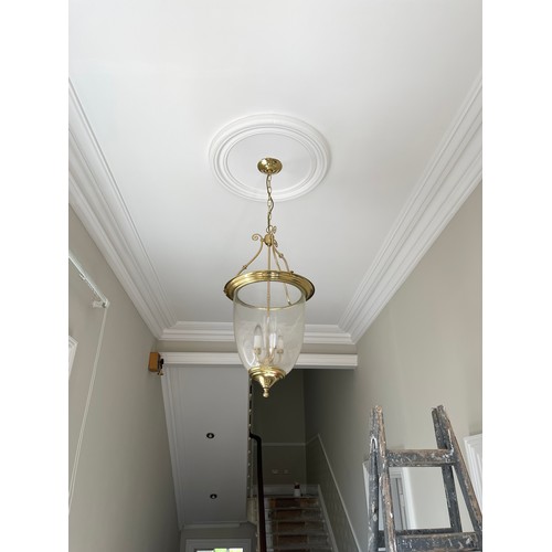 228 - Fabulous large brass and glass 5 branch pendent ceiling light from the Grand hallway at the house in... 