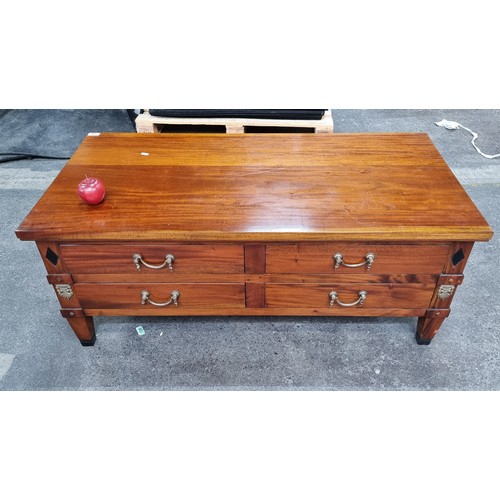 345 - A Fabulous Empire Style wooden coffee table with four drawers to each side and brass drop handles. H... 