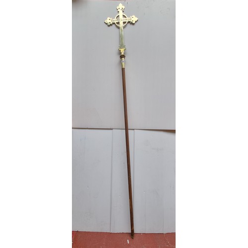 323 - A very long Antique ecclesiastical brass staff with high cross detail dedicated to Naomh Caoimhín (S... 