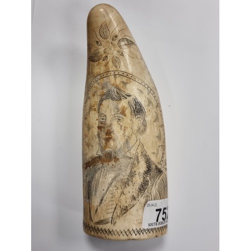 752 - A fabulous original antique carved scrimshaw tooth with carved figure, together with floral leaf des... 