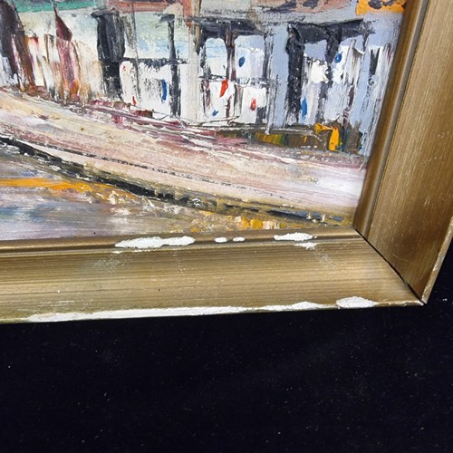 65 - A beautiful mid 20th century original oil board painting of a streetscape featuring a inner city sce... 