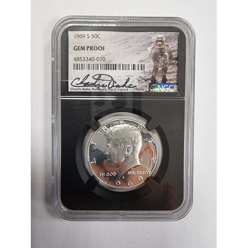 730 - A gem proof 1969 USA 50 cent silver coin that has been verified by the NGC bears the signature of As... 